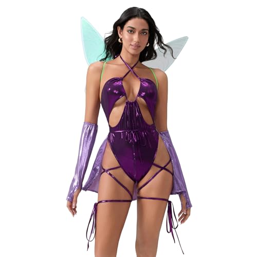 HKYFNNBW - Frauen Halloween Kostüm Feenflügel für Erwachsene Schmetterling Feenkostüm Feenkostüm Halloween Cosplay Zubehör (Lila, L) von HKYFNNBW