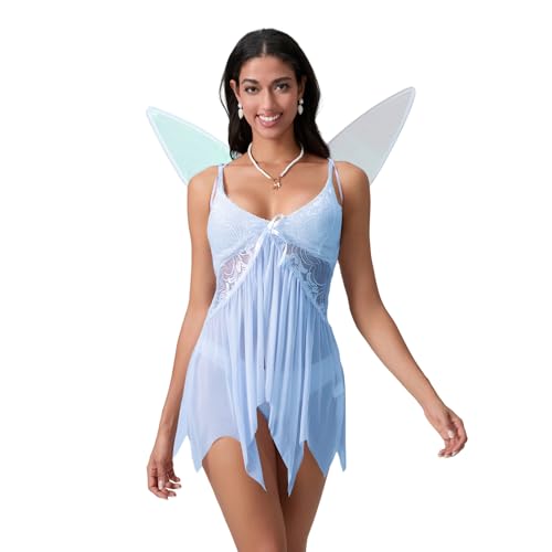 HKYFNNBW - Halloween-Feenflügel-Kostüm für Damen, Spitze, V-Ausschnitt, Cami-Kleid mit Flügel-Engel, Elfe, Halloween-Zubehör (Blau, M) von HKYFNNBW