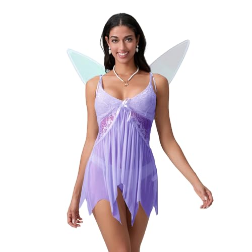 HKYFNNBW Halloween-Feenflügel-Kostüm für Damen, Spitze, V-Ausschnitt, Cami-Kleid mit Flügel-Engel, Elfe, Halloween-Zubehör (Lavendel, L) von HKYFNNBW