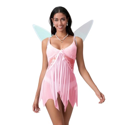 HKYFNNBW - Halloween Feenflügel Kostüm für Damen Spitze V-Ausschnitt Cami Kleid mit Flügel Engel Elfe Dress Up Halloween Zubehör (Rosa, L) von HKYFNNBW