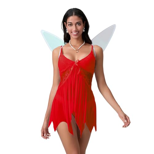 HKYFNNBW - Halloween Feenflügel Kostüm für Damen Spitze V-Ausschnitt Cami Kleid mit Flügel Engel Elfe Dress Up Halloween Zubehör (Rot, M) von HKYFNNBW