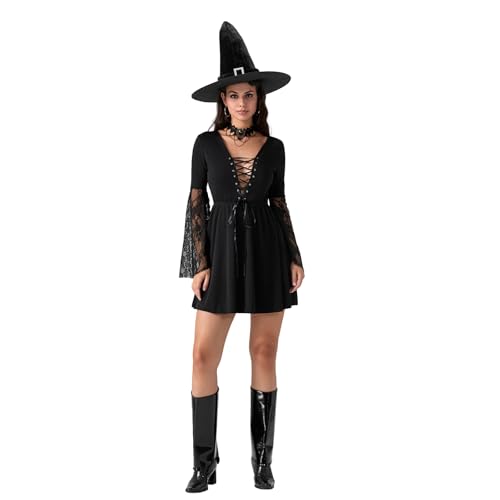 HKYFNNBW Halloween-Hexen-Cosplay-Kostüm für Damen, Spitze, ausgestellt, lange Ärmel, Kreuzbindung, kurzes A-Linien-Kleid mit Hut, Outfits (Schwarz, L) von HKYFNNBW