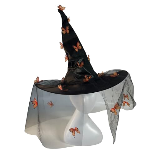 HKYFNNBW Halloween-Hexenhut für Damen, 3D-Schmetterling, gerüschter Zaubererhut, Netzstoff, Spitzkappe, Cosplay-Kostüm-Zubehör (Orange 7, 45 x 45 x 45 cm) von HKYFNNBW