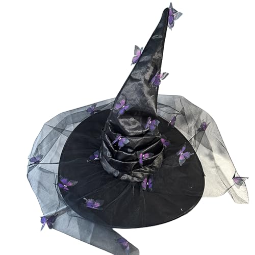 HKYFNNBW Halloween-Hexenhut für Damen, 3D-Schmetterling, gerüschter Zaubererhut, Netzstoff, Spitzkappe, Cosplay-Kostüm-Zubehör (lila 8, 45 x 45 x 45 cm) von HKYFNNBW