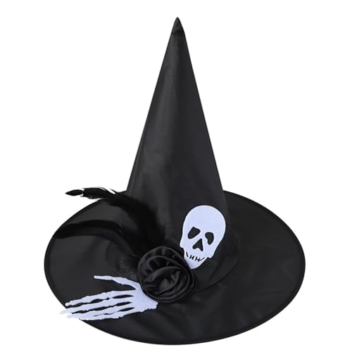 HKYFNNBW Halloween-Hexenhut für Damen und Herren, 3D-Totenkopf-Hand-Zauberer-Hut, spitze Kappe, Cosplay, Zubehör, Halloween-Dekoration (Schwarz, Einheitsgröße) von HKYFNNBW