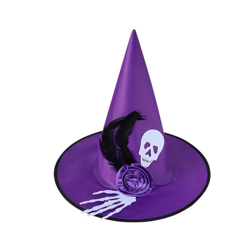 HKYFNNBW Halloween-Hexenhut für Damen und Herren, 3D-Totenkopf-Hand-Zaubererhut, spitze Kappe, Cosplay, Zubehör, Halloween-Dekoration (lila, Einheitsgröße) von HKYFNNBW