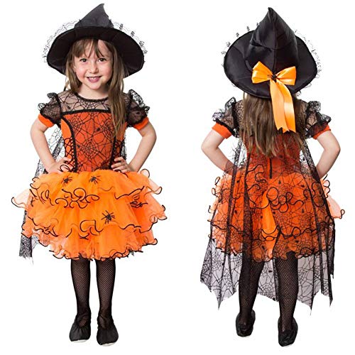 HKYFNNBW Halloween-Umhang für Mädchen, kurzärmelig, Rock, Spinnennetz, Hexenkostüm, Halloween-Kostüm für Kleinkinder im Alter von 1–5 Jahren (Orange, 18–24 Monate) von HKYFNNBW