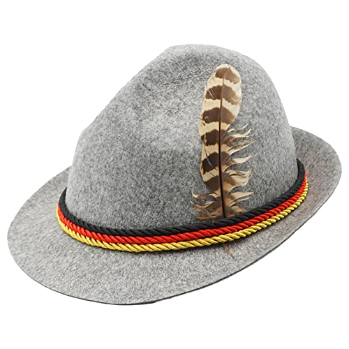 HKYFNNBW Herren Damen Halloween Oktoberfest Hut mit Feder Oktoberfest Bayerisches Kostüm Filz Panama Jazz Hut Gentlemen Cap (Hellgrau, Einheitsgröße) von HKYFNNBW