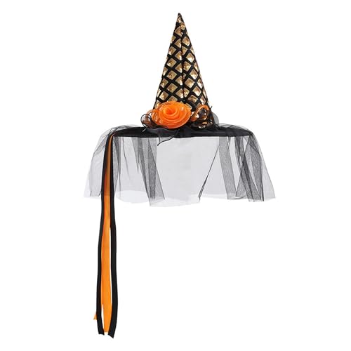 HKYFNNBW Hexenhüte für Halloween, schwarze Quaste, Kostüm, Hexenzubehör, Persönlichkeit, Spitzkappe, Party, Cosplay, Zaubererhut (Gold, 100 x 39 cm) von HKYFNNBW