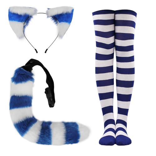 HKYFNNBW Katzenohren Stirnband, Schwanz und Oberschenkel hohe Strümpfe, Katzenkostüme für Frauen, Halloween-Kostüme, Zubehör-Set (Blau, Einheitsgröße) von HKYFNNBW