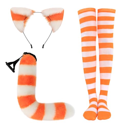 HKYFNNBW Katzenohren Stirnband, Schwanz und Oberschenkel hohe Strümpfe, Katzenkostüme für Frauen, Halloween-Kostüme, Zubehör-Set (Orange, Einheitsgröße) von HKYFNNBW