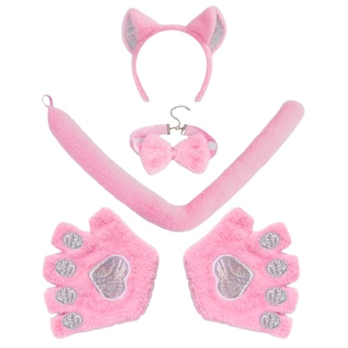 HKYFNNBW Katzenohren-Stirnband und Schleifenkragen, Handschuh-Set für Damen und Mädchen, Halloween-Kostüm, Cosplay, Zubehör, Katzenkostüme (Rosa, Einheitsgröße) von HKYFNNBW