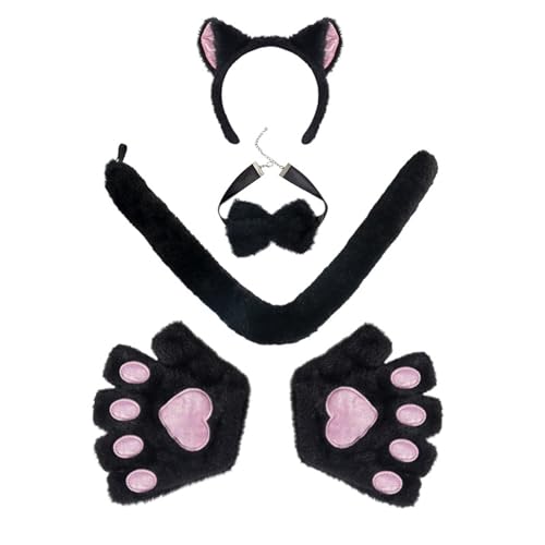 HKYFNNBW Katzenohren-Stirnband und Schleifenkragen, Handschuh-Set für Damen und Mädchen, Halloween-Kostüm, Cosplay, Zubehör, Katzenkostüme (Schwarz, Einheitsgröße) von HKYFNNBW