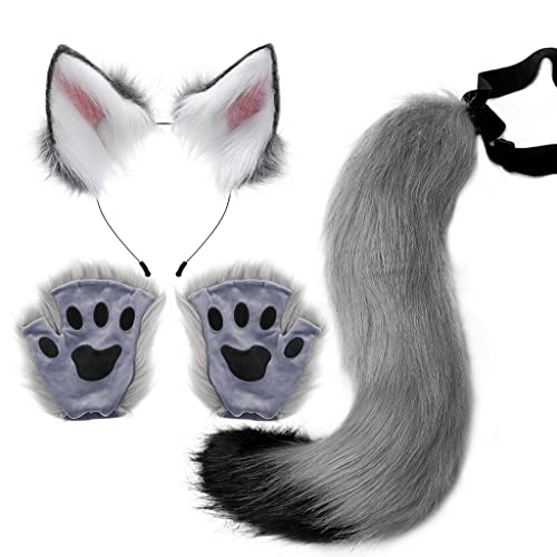 HKYFNNBW Katzenohren und Wolf, Fuchs, Tierschwanz, Cosplay-Kostüm, Plüschmaske, flauschige Pfoten-Handschuhe, Halloween, Weihnachten, Party für Mädchen (Grau, Einheitsgröße) von HKYFNNBW