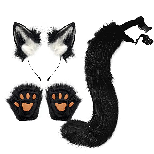 HKYFNNBW Katzenohren und Wolf Fuchs Tierschwanz Cosplay Kostüm Plüsch Maske Flauschige Pfoten Handschuhe Halloween Weihnachten Party für Mädchen (Schwarz Weiß, Einheitsgröße) von HKYFNNBW