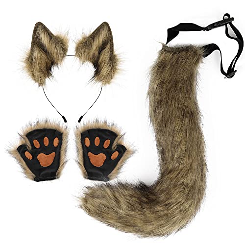 HKYFNNBW Katzenohren und Wolf Fuchs Tierschwanz Cosplay Kostüm Plüschmaske Flauschige Pfotenhandschuhe Halloween Weihnachten Party für Mädchen (Grasgelb, Einheitsgröße) von HKYFNNBW