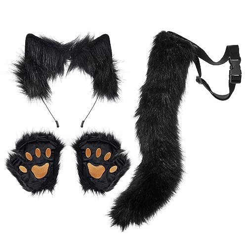 HKYFNNBW Katzenohren und Wolf Fuchs Tierschwanz Cosplay Kostüm Plüschmaske Flauschige Pfotenhandschuhe Halloween Weihnachten Party für Mädchen (Schwarz, Einheitsgröße) von HKYFNNBW