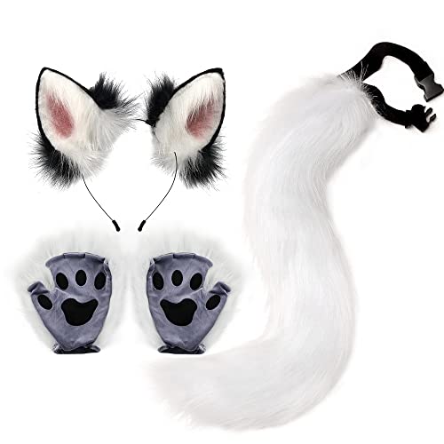 HKYFNNBW Katzenohren und Wolf Fuchs Tierschwanz Cosplay Kostüm Plüschmaske Flauschige Pfotenhandschuhe Halloween Weihnachten Party für Mädchen (Weiß, Einheitsgröße) von HKYFNNBW