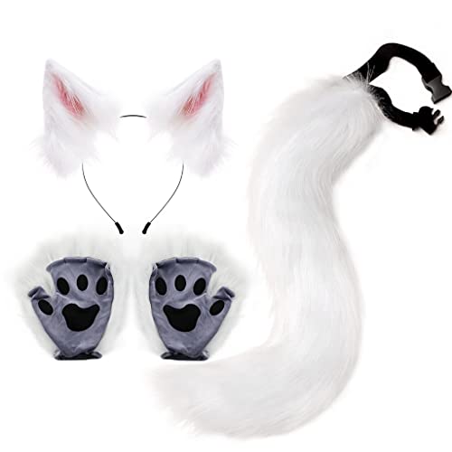 HKYFNNBW Katzenohren und Wolf Fuchs Tierschwanz Cosplay Kostüm Plüschmaske Flauschige Pfotenhandschuhe Halloween Weihnachten Party für Mädchen (Weiß Rosa, Einheitsgröße) von HKYFNNBW