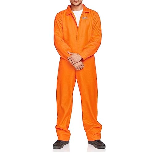 HKYFNNBW Passender Jumpsuit für Halloween, Gefängnis-Kostüme, Buchstabendruck, langärmelig, Gefängnis-Overall für Party, Cosplay, Outfits (Herren, Orange, L) von HKYFNNBW