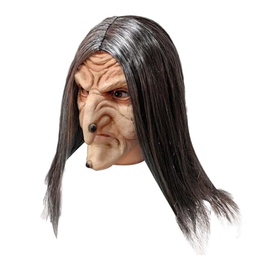 HKYFNNBW Scharige Hexen-Gesichtsmaske mit Haaren, Horror, Halloween, realistische Cosplay-Kopfbedeckung, Party, Maskerade, Kostüm-Requisiten (mehrfarbig, Einheitsgröße) von HKYFNNBW