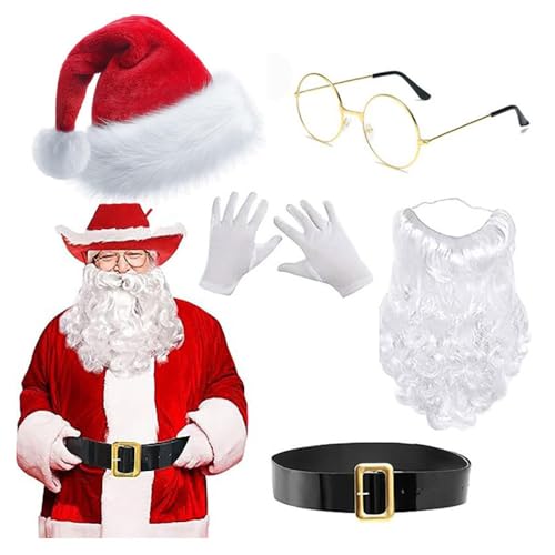 HKYFNNBW - Weihnachtsmann-Kostüm-Zubehör, Weihnachtsmann-Gürtel, weißer Bart, Hüte, Stiefel, Handschuhe, Brille, Set für Weihnachten, Party, Cosplay (5 Stück, Burgunderrot, Einheitsgröße) von HKYFNNBW