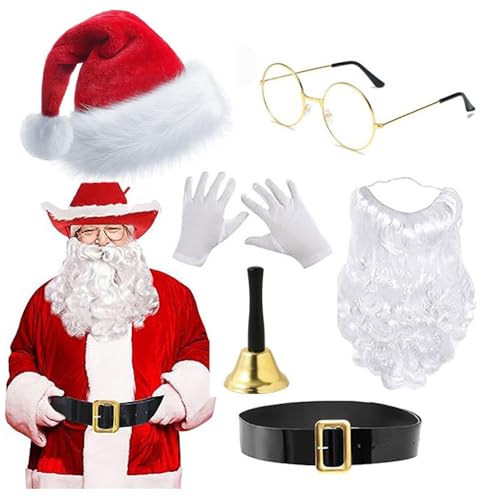 HKYFNNBW - Weihnachtsmann-Kostüm-Zubehör, Weihnachtsmann-Gürtel, weißer Bart, Hüte, Stiefel, Handschuhe, Brille, Set für Weihnachten, Party, Cosplay (6 Stück, Weiß, Einheitsgröße) von HKYFNNBW