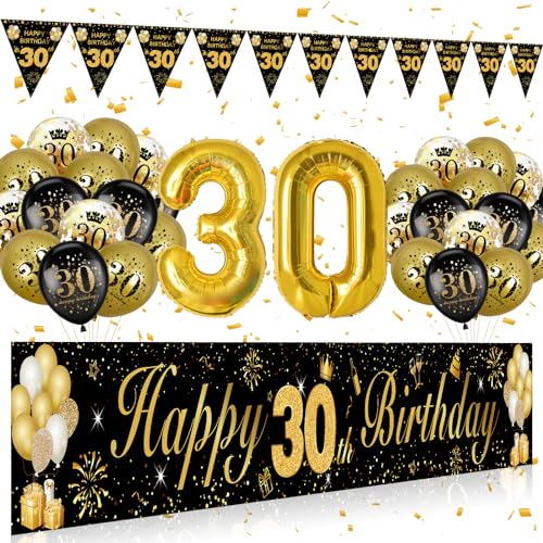 30 Geburtstag Deko Frauen Männer, Deko 30 Geburtstag Schwarz Gold, Extra lange Happy Birthday Banner, 30. Geburtstag Deko Banner Hintergrund Girlande Wimpel Luftballons 30. geburtstag von HLEIUKT