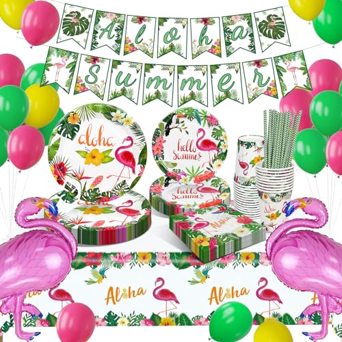 Flamingo Partygeschirr Set, Hawaii Party Geschirr, Pappteller Kindergeburtstag mit Flamingo Luftballons, Ananas Deko Partyzubehör Pappteller für Urlaub Sommer Deko Junge Mädchen Partys 16 Gäste von HLEIUKT