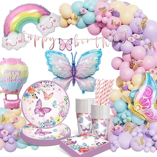 HLEIUKT Schmetterling Partygeschirr Set, Geburtstag Party Geschirr Deko, Schmetterling Pappteller Kindergeburtstag mit Einhorn Luftballon Servietten Becher Tischdecke für Kinder Mädchen Party 16 Gäste von HLEIUKT