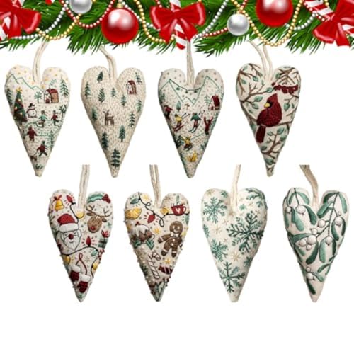 HLYICRQ DIY-Weihnachtsdekoration mit Herzstickerei, DIY-Set für handgestickte Weihnachtsornamente in Herzform, Weihnachts-Stickset mit Herz (8Pcs) von HLYICRQ