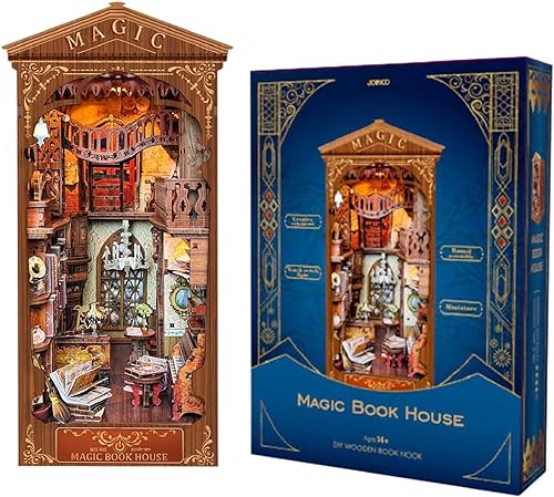 HMLOPX Bildungsset Buchecken-Set mit Licht, Puppenhaus-Bücherregal-Einsatz-Dekor, 3D-Holzpuzzle-Bauset, kreative Bastel-Bücherecke for Sammeln und Dekorieren von HMLOPX