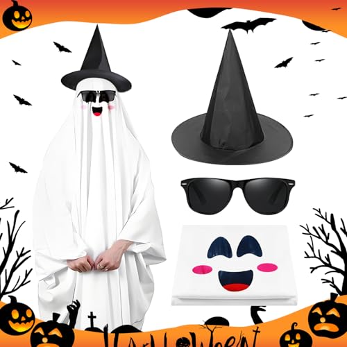 HMYHONDI Halloween Geist Kostüm,Halloween Geister Kostüm Weißes,Gespenst Kostüm Robe,Geister Umhang ältere Kinder Kostüm mit Hexenhut,Sonnenbrille Schwarz,Halloween Karneval Geisterumhang Cosplay von HMYHONDI