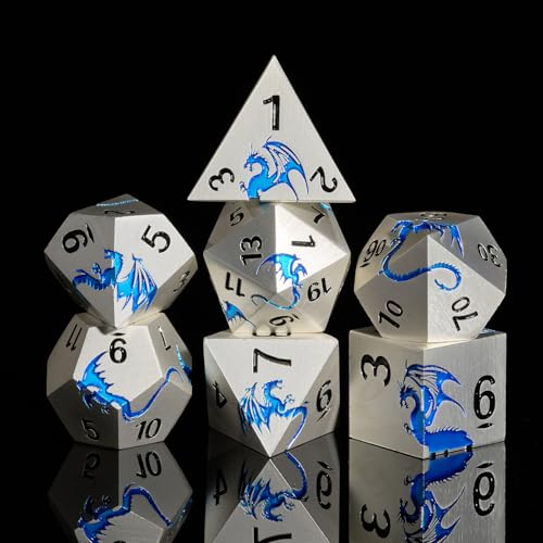 HNCCESG DND-Würfel-Set aus Metall, Metallic, D&D-Würfel-Set, 7-teilig, für Dungeons und Drachen, TTRPG-Spiele, polyedrisches RPG-Würfel-Set mit Geschenkbox (mattes Silberblau) von HNCCESG