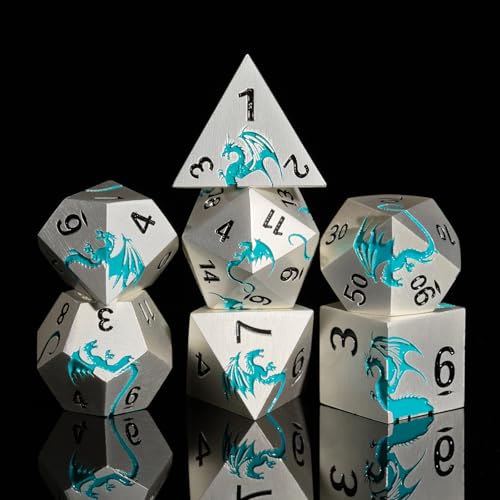 DND Würfel Set,HNCCESG 7 Stück Metall D&D Würfel Set Dungeons und Drache, Geschenkwürfel, Rollenspielwürfel für D&D-Tischspiele (Mattes Silber, Blau2) von HNCCESG