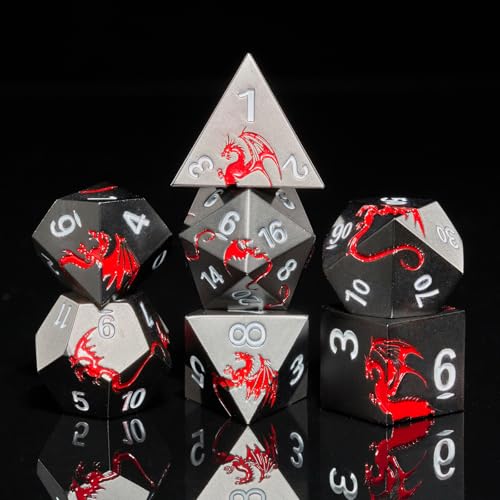 HNCCESG DND Würfelset aus Metall, Drache D&D Würfel 7 Stück für Dungeon und Dragons MTG RPG,Metallwürfel mit Drachen-Würfelbox (schwarz-roter Drache) von HNCCESG