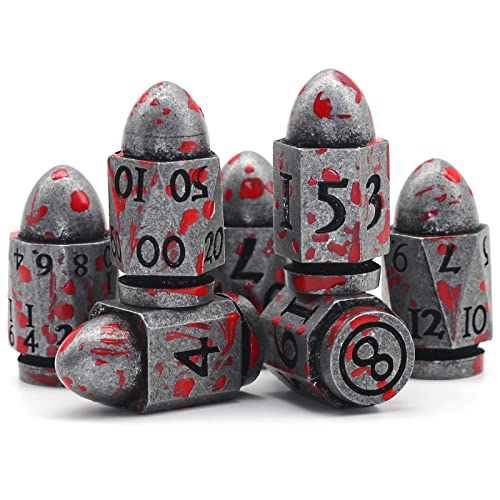 HNCCESG Kugel DND Würfel 7 Stück mit Kasten, Dungeons and Dragons Würfel Set Metall Spielwürfel D&D Würfel Polyedrische Würfelset DND Dice Set (Kugel Antiker Splitter Blutfleck) von HNCCESG