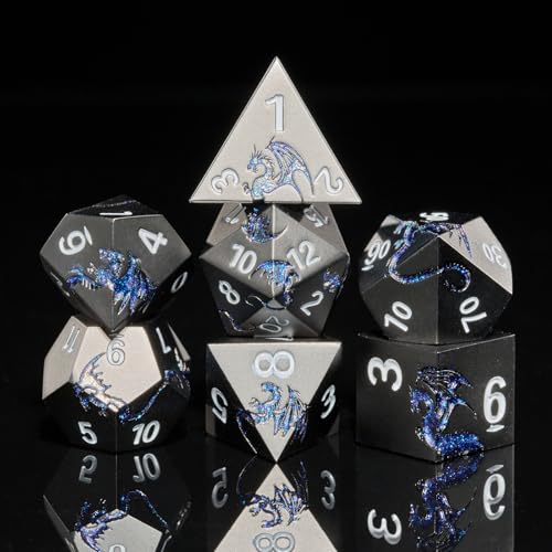 HNCCESG DND Würfel Set, Glitzernder Blauer Drache, 7 Stück Polyedrische Metall D&D Würfel Spielwürfel für Dungeons und Drachen，Tischspiel (schwarzer Glitzer, Blauer Drache) von HNCCESG