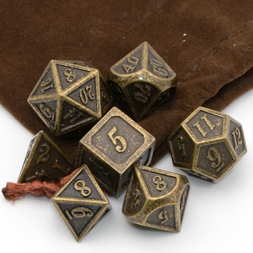 HNCCESG Polyedrische D&D-Würfel aus Metall für Dungeons and Dragons RPG DND-Würfel für Rollenspiele, MTG, Tisch, Gaming, Shadowrun Pathfinder, 7 Stück, D20, D12, D10, D8, D6, D4 (Antik-Bronze) von HNCCESG