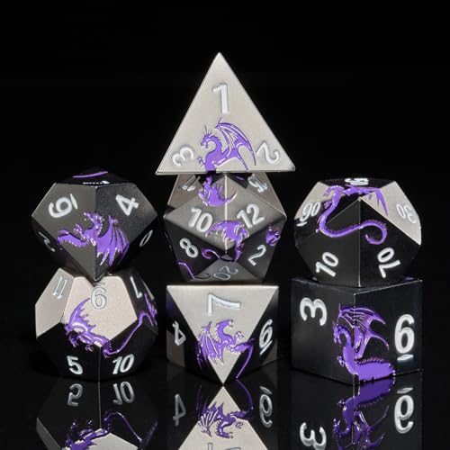 HNCCESG DND Dice Polyedrisches Würfel Set aus Metall,Drache Metallisch, 7 Stück für Dungeon und Dragons MTG RPG D&D D20, D12, D10, D%, D8, D6, D4 (schwarz-violetter Drache) von HNCCESG