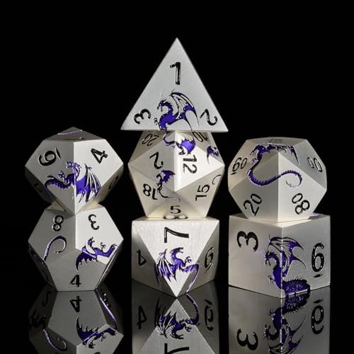 Violetter Drachen-Metall-Würfel-Set, 7-teilig, schwermetallisch, D&D-Würfelset mit Dungeons und Drachen, Geschenk-Würfelbox für TTRPG-Tischspiele (mattes Silber-Lila) von HNCCESG