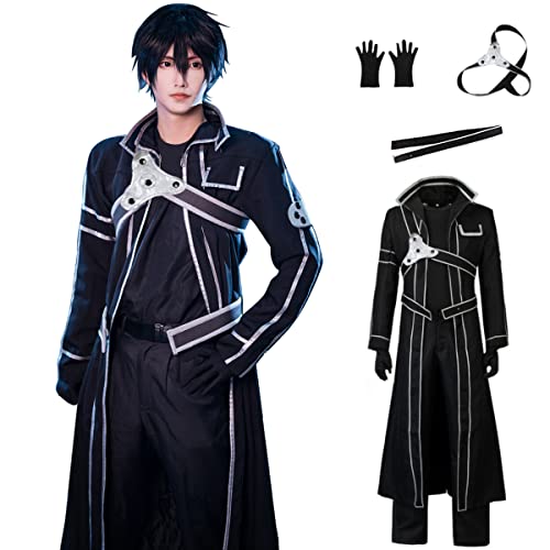 HNZQE Herren Anime SAO Kirito Cosplay Kostüm Schwarze Jacke Langer Umhang Anzug Komplettes Set Halloween Outfit für Frauen (S-Second) von HNZQE