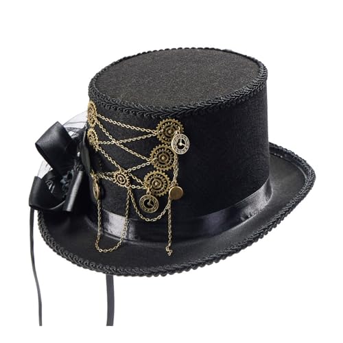 Steampunk-Hut mit flachem Zylinder, Halloween-Kostüm, schwarzer Karnevals-Zylinder mit Feder und Zahnradkette für Damen, kurze Krempe, flacher Zylinder, kurzer Hut von HNsdsvcd