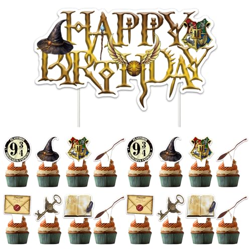 Magische Tortendeko 49 Stück Glitzer Zauberer Kuchen Deko Zaubererbesen Cake Topper Magier Cupcake Topper Zauberhut Geburtstagsdekoration für Kinder Junge Party Deko von HOBBOY