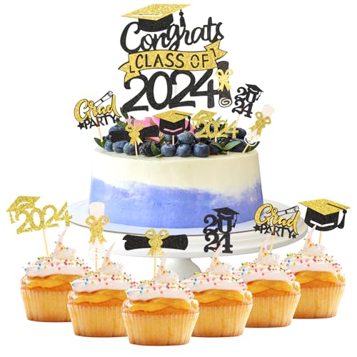 13 Stück 2024 Abschluss Tortendeko, Graduation Cake Topper Kuchen Cake Decoration Cupcake Topper, Torten Topper Glitzer Torten Deko, Kuchendekoration für 2024 Abschluss Kuchen Partyzubehör von HOCUCHELAND