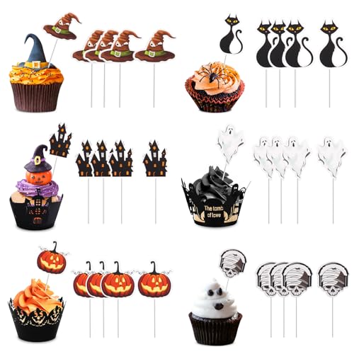 24 stück Halloween Cupcake Topper, 6 Muster Halloween Kuchen Deko, Ghost Castle Kürbis Schädel Katze Hexe Hut Halloween Tortendeko, Halloween Muffin Deko für Kuchen Muffin Essen Käseplatte Vorspeisen von HOCUCHELAND