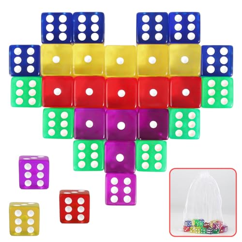 30 Stück Würfel Set, 16 mm Bunte Würfel Spielwürfel aus Acryl von 5 Farben und Aufbewahrungsbeutel, 6-Seitig Würfel Klein, Cube Würfel Set für Tischspiele, Partyspiel, Spielzeuggeschenke von HOCUCHELAND