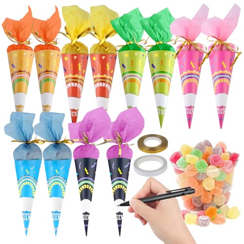 12 Stück Schultüte Klein, Geschwister Schultüte Zuckertüte zum Befüllen, Mini Schultüte mit Klebeband und Gold Kordelzug, Schultüte Klein Mädchen Geschwistertüte für die Einschulung zum Schulanfang von HOCUCHELAND