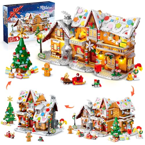 2024 Weihnachts Lebkuchenhaus Bauspielzeug mit LED Lichtern – 3 Stilmodi Weihnachtsdorf Haus Bausteinset mit Weihnachtsmann Weihnachtsbaumzug für Erwachsene Kinder Mädchen Jungen ab 8+ (1397 Teile) von HOGOKIDS