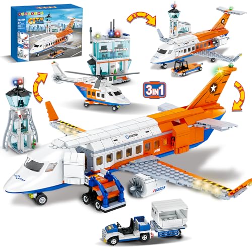 HOGOKIDS City Passagierflug Flugzeug Baukasten - 3 IN 1 Flughafen Hubschrauber Airplane Baustein Spielzeug mit Gepäck LKW Radar Turm Shuttle Bus für Jungen Mädchen Kinder Erwachsene 6 7 8 9+ Jahre alt von HOGOKIDS